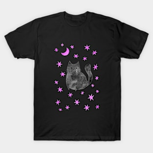 Black Cat with Pink Stars T-Shirt